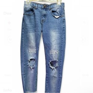 Blue Skinny Pants with Distressed Raw Hem